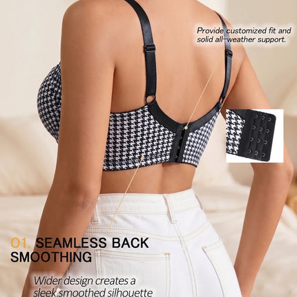 Women's Houndstooth Print Push-Up Bra Wide Elastic Straps Underwear Underwire Side Smoothing & Supportive Bra Women