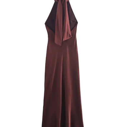 Foridol Halter Satin Dress Women Sexy Backless Burgundy summer spring Dress Elegant Maxi Long Party Dress Christmas Vestidos