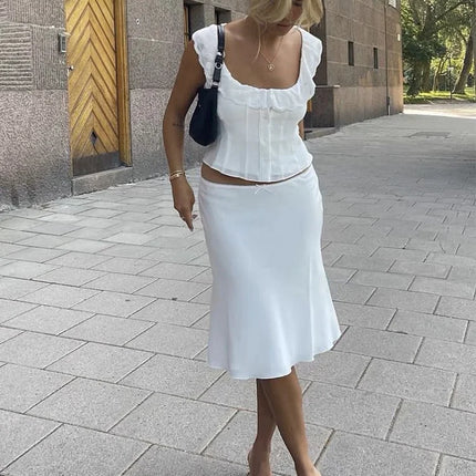 Foridol White Lace Summer Women Set Sleeveless Crop Top+midi Skirt Outfits 2025 Beach Holiday Chic Vintage Sundress Dress Set