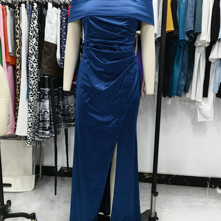 Elegant Satin Solid Color Off-Shoulder Women's Long Dress Sexy High-Waisted Flim Slit Pleated Dress for Lady Party Wedding