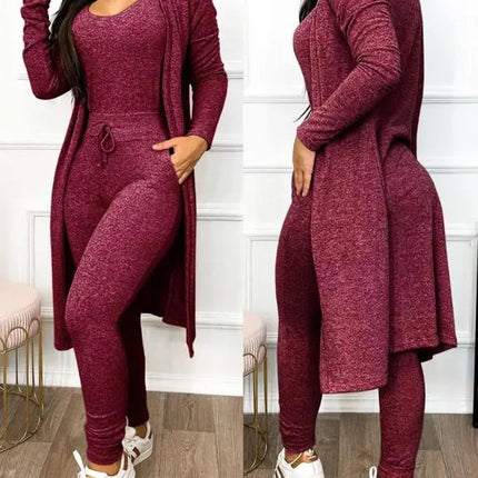 Two Piece Set Women Outfit 2023 Spring Fashion Drawstring Pocket Design U-Neck Sleeveless Skinny Jumpsuit & Long Sleeve Coat Set