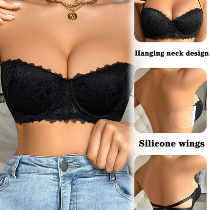 Silicone Pads Strapless Solid Color Sexy Lace Bras Fashionable Outfits Push up Detachable Straps Women's Bra