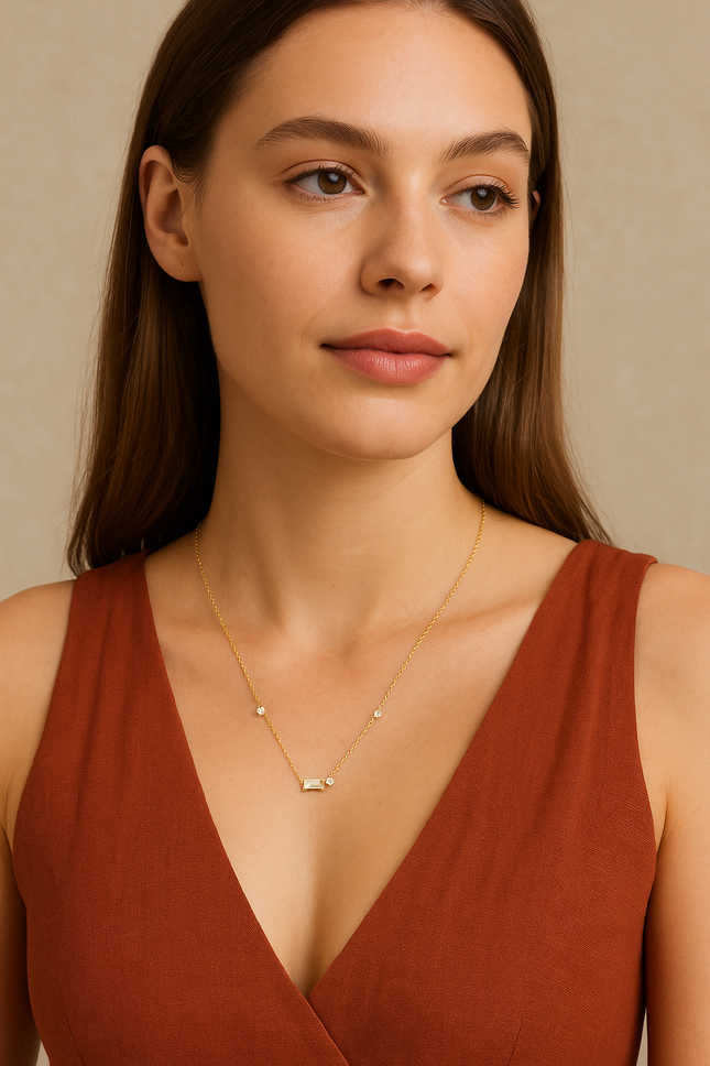 Starluxe Delicate Necklace with Three Round Cut and One Emerald Cut Cubic Zirconia Stones-Crystal Dream Necklace