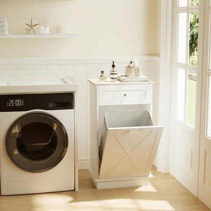 Trash Can Cabinet in White Wood Finish - Accommodates 10-Gallon Trash Bin