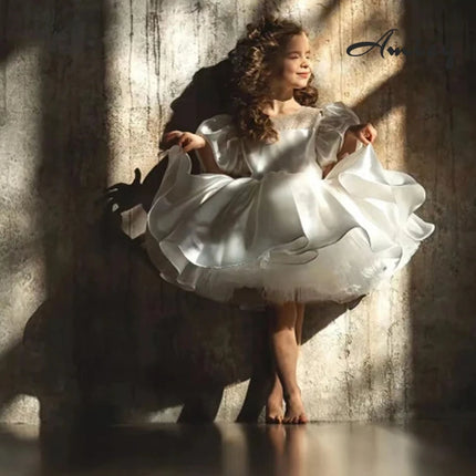 Princess Dress High End Girl Dress White Satin Flower Girl Host Wedding Dress Birthday Little Girl Evening Clothes
