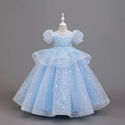 New High-End Luxury Flower Girl Wedding Show Performance Dress for Girls, Puff Sleeve Sequin Princess Dress