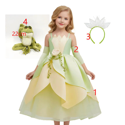 Summer Delicate Yellow Green Frock Flower Girls Wedding Party Dress Birthday Tiana Cosplay Princess and Frog Fairy Tale Costume
