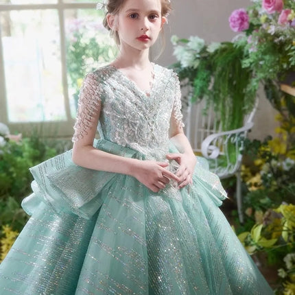 Mint Green Princess Special Occasion Flower Girl Dress Wedding Pary Prom Birthday First Communion Baby Child Kid Pageant Gown
