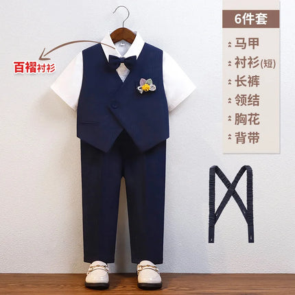 Gentleman Kids Summer Breathable Wedding Dress School Boys Vest Shirt Pants Bowtie Photography Suit Children Birthday Costume