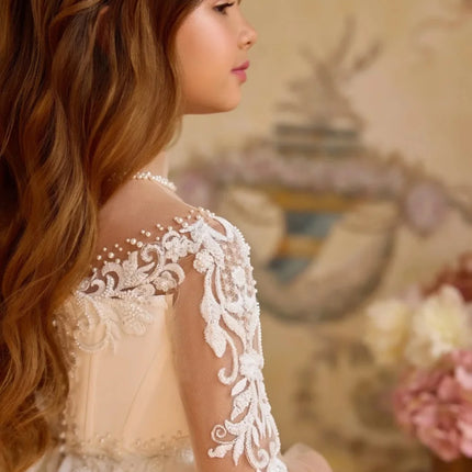 2025 New Princess Dress Kids White Satin Ball Gown with Pearls Embroidery Tulle Long Sleeve Flower Girl Wedding Party Gown