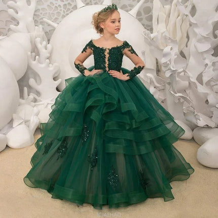 Party Dress New Lace Court Princess Costume Kids LongPerformance Ball Gown with Train Dresses Sleeve Flower Girl Wedding Gown