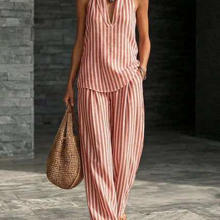 Women's Striped Sleeveless Top & Wide-Leg Pants Set – Fashionable 2-Piece
