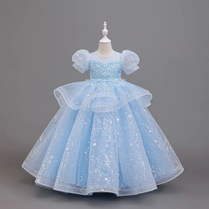 New High-End Luxury Flower Girl Wedding Show Performance Dress for Girls, Puff Sleeve Sequin Princess Dress