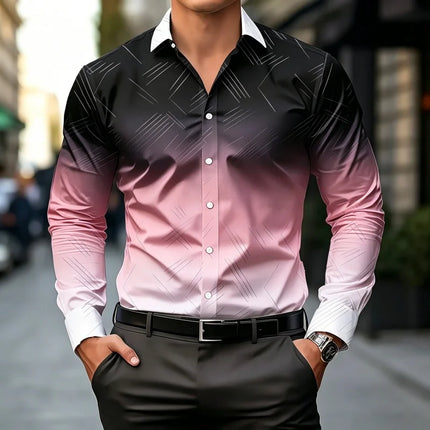 Men's shirt new color gradient geometric lines men's long sleeved shirt business slim fit lapel comfortable men's clothing