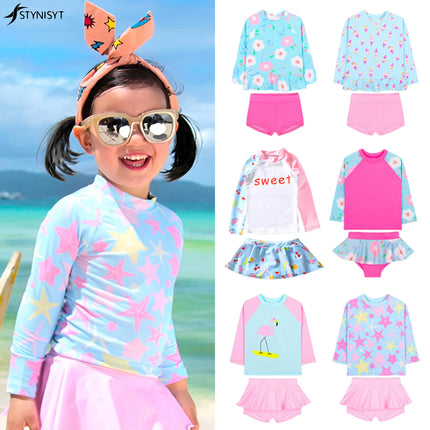 Girls Printed Long Sleeves Swimsuit Baby Girl Boys Beach UV Clothing Sun Protection Swimwear and Surfwear Two Pieces