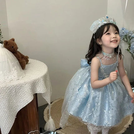 Summer Girls Korea Birthday Lace Blue Cute Shiny Wedding Ball Gown Bow Party Dress Princess Floral Baby Children Lolita Skirts