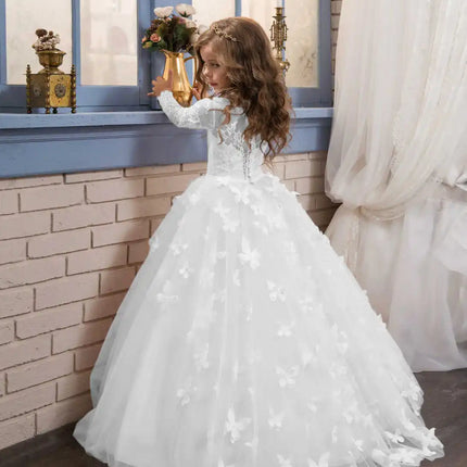 Elegant and lovely butterfly floor mopping flower girl wedding dress, lace long sleeved ball dress