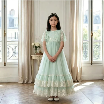 White Lace First Communion Dress Tiered Ruffle Hem Floor Length Tulle Flower Girl Dress Kids Church Baptism Wedding Birthday
