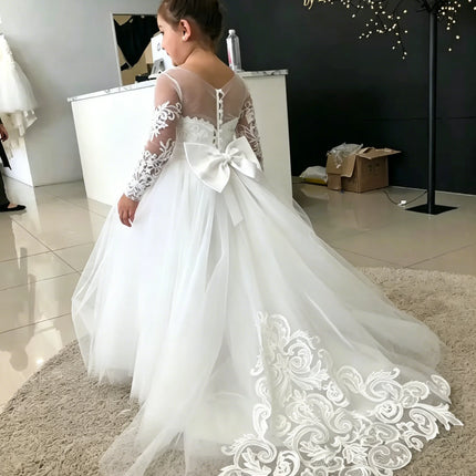 1-13 Years Lace Tulle Flower Girl Dress Up Buttons Bows Children's First Communion Ball Gown Wedding Party Bridesmaid Dress Kids