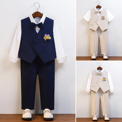 Gentleman Kids Summer Breathable Wedding Dress School Boys Vest Shirt Pants Bowtie Photography Suit Children Birthday Costume