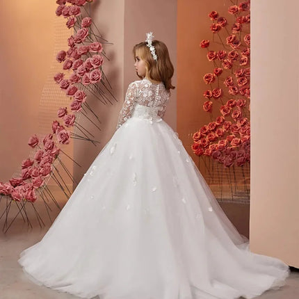 White Flower Girl Dress for Wedding Full Sleeves Lace Beaded Floor Lenght Kids Birthday Party First Communion Gowns Custom