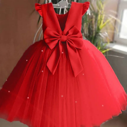 Fashion Red Pink Children's Bow Princess Dress‌ Big Bow Backless Girls Puffy Dress Tulle Flower Girl Dress Wedding Gown