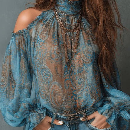 Women's Retro Cashew Print Off-Shoulder Blouse with Lantern Sleeves