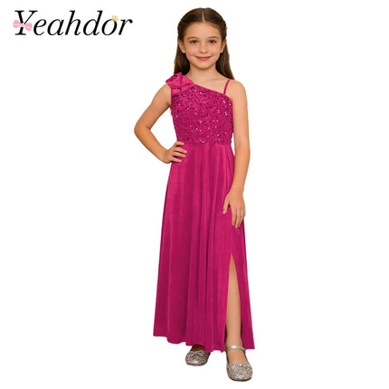 Elegant Girls Junior Bridesmaid Dress One Shoulder Slit Flower Girl Dress for Wedding Party Festive Costume Children's Dresses
