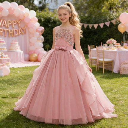 Teens Girls Sequins Princess Party Dresses White Bridesmaid Flower Kids Dresses For Girl Wedding Prom Gown Pink Birthday Vestido
