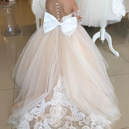 BABYONLINE Flower Girl Dresses For Weddings Long Sleeve Lace Tulle Bow Back Children's Elegant Dress vestidos para niñas