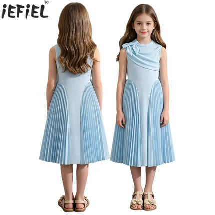 Kids Flower Girls Formal Dress Bowknot Sleeveless Patchwork Pleated Dresses Birthday Party Banquet Wedding Pageant Prom Gown