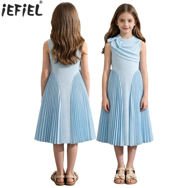 Kids Flower Girls Formal Dress Bowknot Sleeveless Patchwork Pleated Dresses Birthday Party Banquet Wedding Pageant Prom Gown