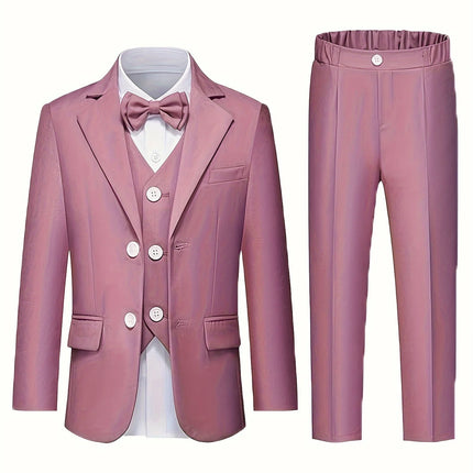 Boys Burgundy Red 4Pieces/Set Jacket Vest Pants Bowtie Photography Suit Kids Wedding Party Dress Children Performance Costome