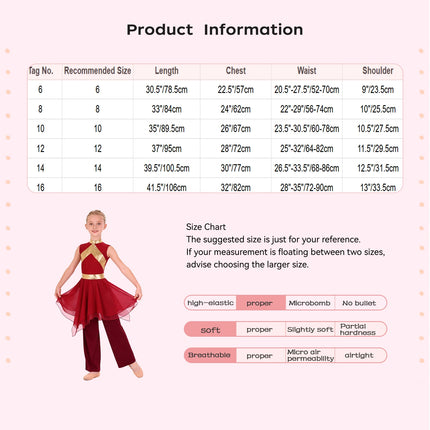 Kids Girl Worship Praise Dance Outfit Metallic Contrast Color Sleeveless Asymmetrical Hem Dress+Wide-Leg Pants for Church Events