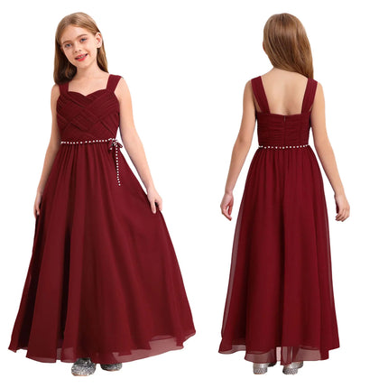 Kids Girls Wedding Bridesmaid Dress Spaghetti Strap Elegant Chiffon Maxi Party Dresses with Faux Pearls Belt for Banquet Pageant