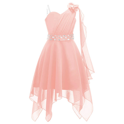 Girls Wedding Bridesmaid Dress Summer Elegant Chiffon One Shoulder Sleeveless Long Dress for Birthday Party Evening Prom Gown