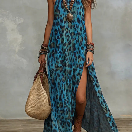 Women's Printed Scarf-Style Maxi Dress – Sleeveless, Split, Loose Boho