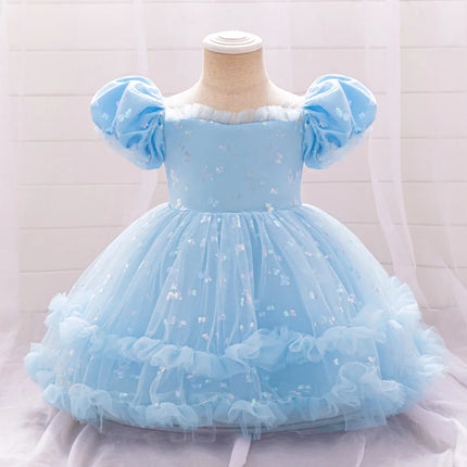 Fluffy Butterfly Sequins Baby Girl Dress Mesh Prom Kids Clothing Toddler 1st Birthday Baptism Gown Flower Bridesmaid Party Dress