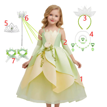 Summer Delicate Yellow Green Frock Flower Girls Wedding Party Dress Birthday Tiana Cosplay Princess and Frog Fairy Tale Costume