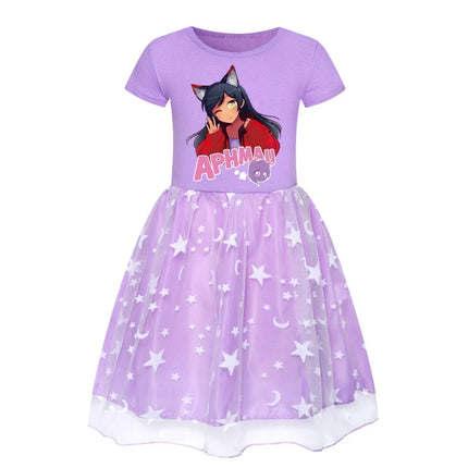 Aphmau Cat Clothes Kids Summer Short Sleeve Dress Baby Girls Magic Mesh Casual Dresses Children Princess Wedding Party Vestidos