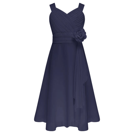 Children Girls Elegant Evening Birthday Party Maxi Dress Sleeveless Ruched Bodice Chiffon Princess Gown Wedding Bridesmaid Dress