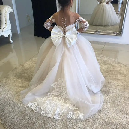 1-13 Years Lace Tulle Flower Girl Dress Up Buttons Bows Children's First Communion Ball Gown Wedding Party Bridesmaid Dress Kids