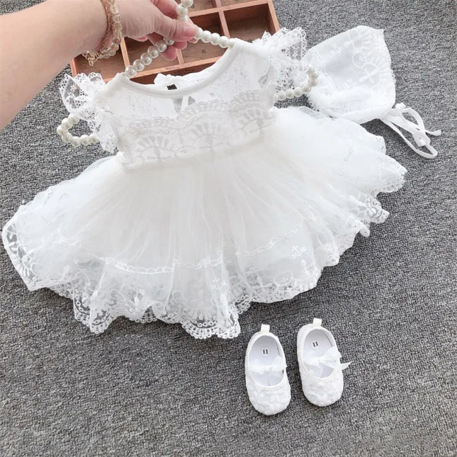 Baby Baptism Dress Newborn Wedding 1st Birthday Party Baby Girl Dress Lace Princess White Infant Baby Christening Gowns With Hat