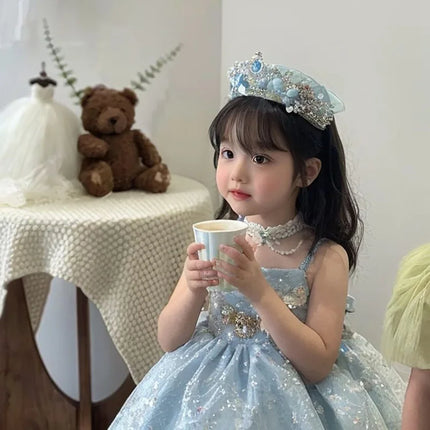 Summer Girls Korea Birthday Lace Blue Cute Shiny Wedding Ball Gown Bow Party Dress Princess Floral Baby Children Lolita Skirts