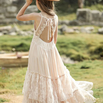 Big Girls Flower Wedding Party Backless Chiffon Dress Princess Kids Bohemia Lace Long Dresses Vestidos Clothing For 3-15 Years