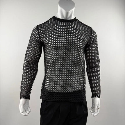 Men's Simple Sexy Mesh Tops Spring/Summer American Casual Fashion Round Neck Hollow Out Knitted Long Sleeve T-shirt