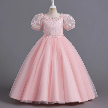 8901 Children's Dress for Girls' 4-12 Years Old Princess Sequin Bubble Sleeve Long Mesh Flower Girl Wedding Little Summer