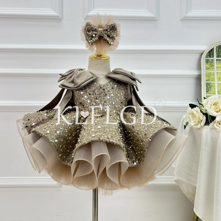 KLFLDG Light luxury baby girl beauty pageant dress with sequins, big bow, birthday party dress, 2-8 year old flower girl wedding