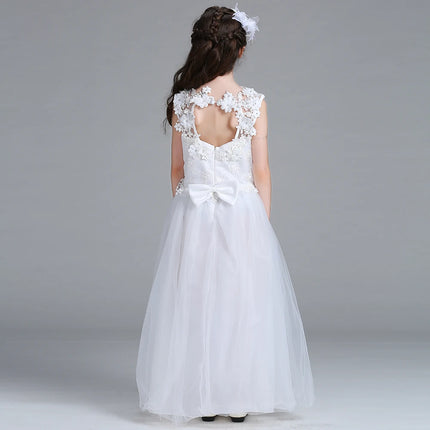 Teen White Lace Bridesmaid Dresses Flower Bow Kids Dress For Girl Ceremony Party Wedding Evening Dress Gown Vestido 10 14 Years