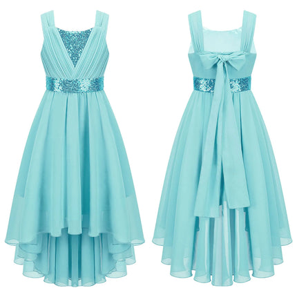 Kids Girls Sequins Ruched Party Birthday Wedding Bridesmaid Dress Sleeveless High-low Hem Summer Chiffon Princess Dress